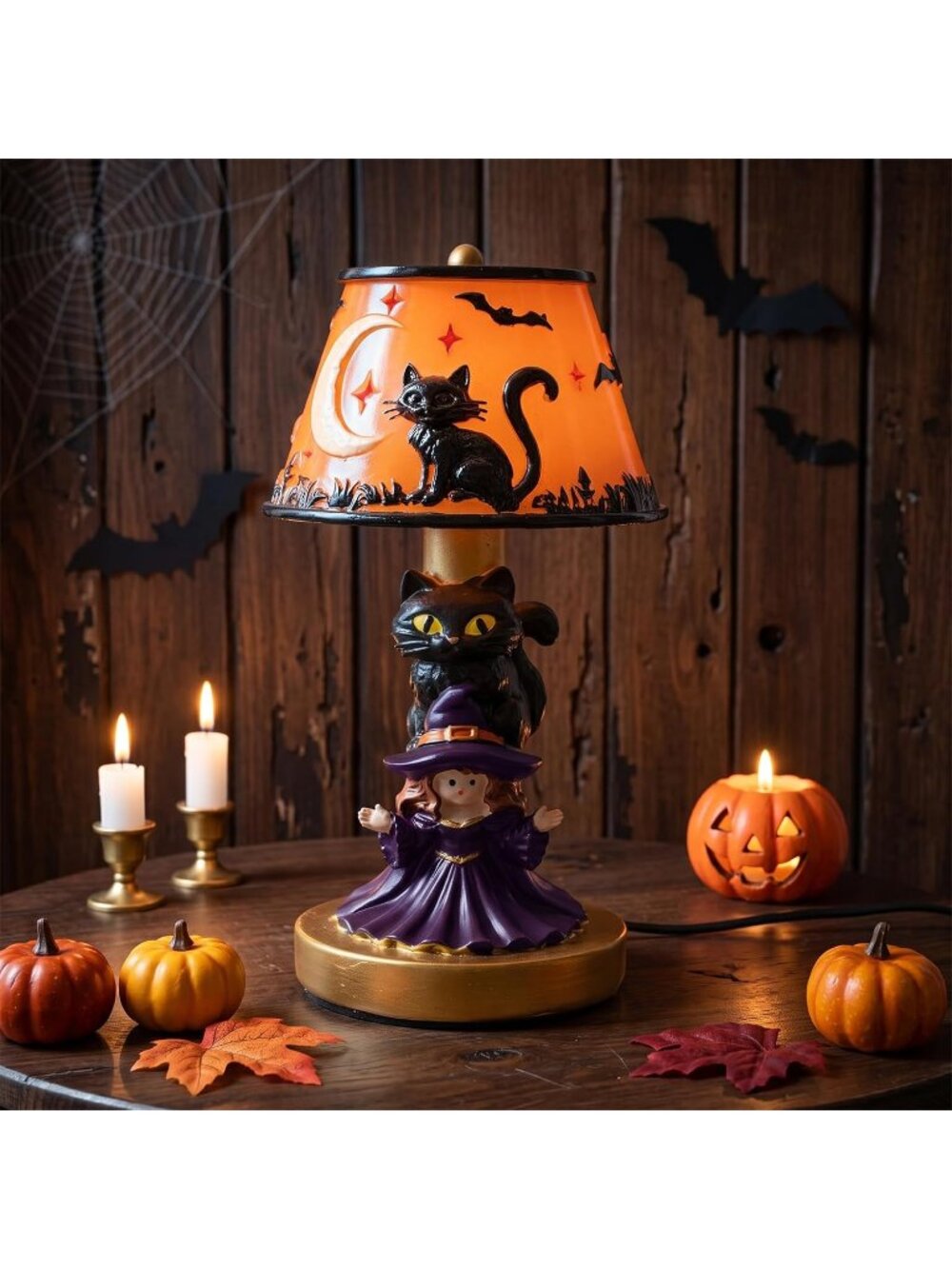 New Halloween Witch Black Cat Table Lamp USB Resin Moon Bat Night Light Decor